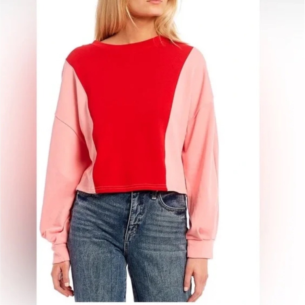 Circus NY Colorblock Crop Sweatshirt Pink Red Crew Neck Long Sleeve Pullover XL